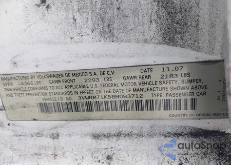 2008 Volkswagen Jetta Se/Sel from USA, damaged, VIN 3VWRM71K58M083712